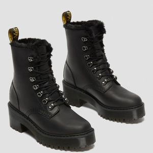 DR. MARTENS LEONA FAUX FUR PLATFORM LEATHER BOOTS